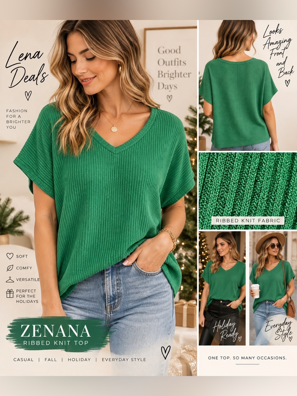 Zenana  Emerald Green Ribbed V-Neck Knit Top Women’s Short Sleeve